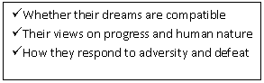 Text Box: üWhether their dreams are compatible  üTheir views on progress and human nature  üHow they respond to adversity and defeat  
